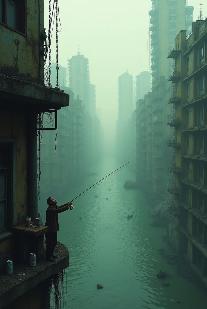 long shot, submerged and crumbling city, water level up to the window, lone survivor fishing from high-rise window, can of beer beside, yawning casually, surrounded by ruined and submerged buildings, decayed and flooded cityscape