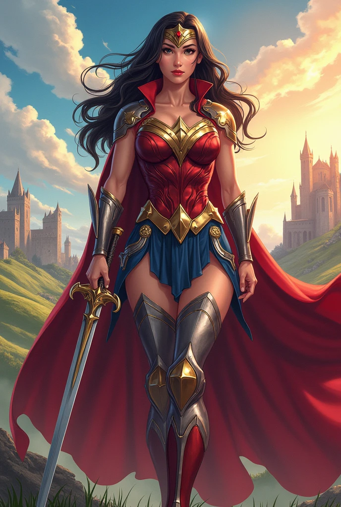 Diana Price (wonderwomam) with medieval clothing different from her usual clothes being an anime paladin