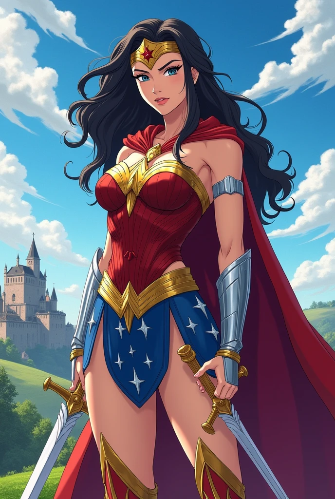 Diana Price (wonderwomam) with medieval clothing different from her usual clothes being an anime paladin