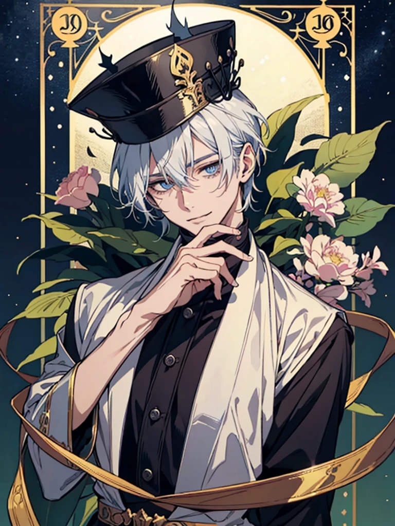 (nonsense, height, very detailed), 1 man, adult, handsome, Delicately detailed blue eyes and a detailed face., The demonic eyes stared at him., หน้ากากundercoverปกคลุมใบหน้าของเขา, Best shots,special, (Broad shoulders)) (muscle),,night sky, สวมtop hatสีดำ((There is a tarot card on the hat.)),Holding Tarot Cards,Fortune teller, \Tarot cards\, popular symbol, visual arts, undercover, universal, วิสัยทัศน์handsome, Philosophical, adhere to, science of numbers, popularity, art, Alphon Mucha, short white hair,top hat, smile, Calm expression