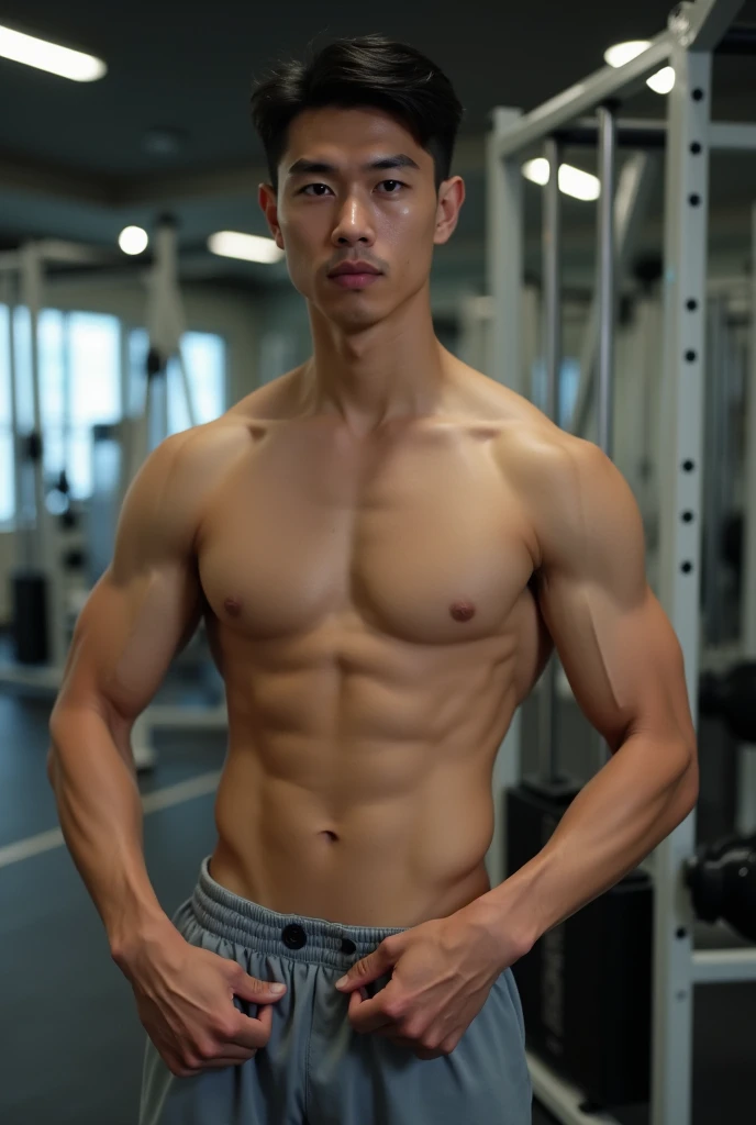 An Asian man in the gym，Topless，Small belly，2，China