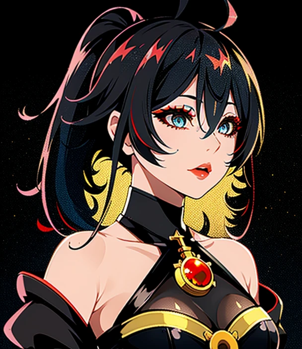 1girl in, solo, Jewelry, black hair, necklace, red-lips, Long hair, covered eyes, lipstick, makeup, upper-body, closed mouth, black dress, hair above one eye, clavicle, Dress,black theme,bad-girl, large breasts,sparkly skin,(mature female),chic, Snthwve style, nvinkpunk Close-up portrait of a face (((sks person))), Smooth soft skin, big dreamy eyes, Beautiful intricate dyed hair, Symmetrical, anime wide eyes, soft-lighting, Detailed Face, makoto sinkai, by stanley artgerm lau, WLOP, rossdraws, Concept art, Digital Painting, looking up at the camera