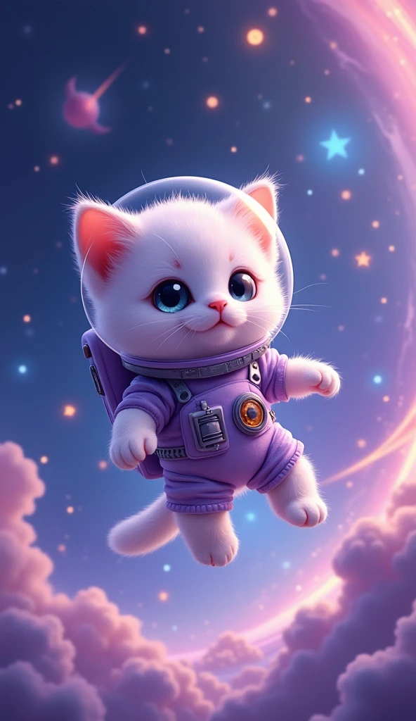 Cute miniature 'light purple and white' kitten as astronaut flying in the space, stars, comet and galaxy as background.