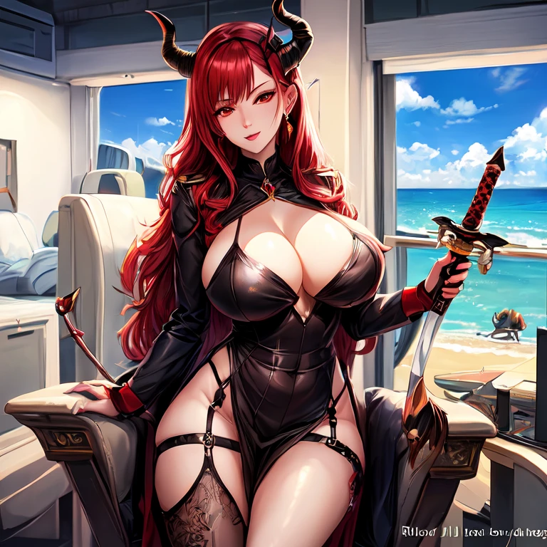 Very beautiful mature milf demon with red hair and red eyes,Horns,tail and richly dressed with a sword and large breasts