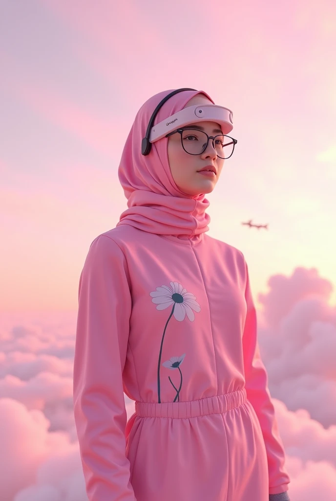 Real hijab women. Average 15 year old. Flying in the sky. Glowing pink . Hijab . Spectacles google rubber band on head. Real person. Wear jumpsuit pink with hight tech. Real design modern. Minimalist flower design. Half body shoot. 