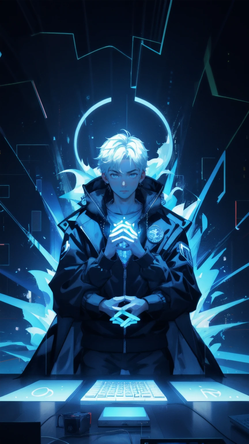 A young trader with a shocked expression stares at his computer screen, his face illuminated by the blue light of multiple crashing stock charts. Bitcoins and dollar signs swirl around him in a chaotic storm, as his hands hover over the keyboard, paralyzed with fear. The background is a deep blue, creating a stark contrast with the glowing symbols of the financial world. Above him, the phrase 'Weak Hands Shakeout' hovers ominously, capturing the moment of panic and indecision.