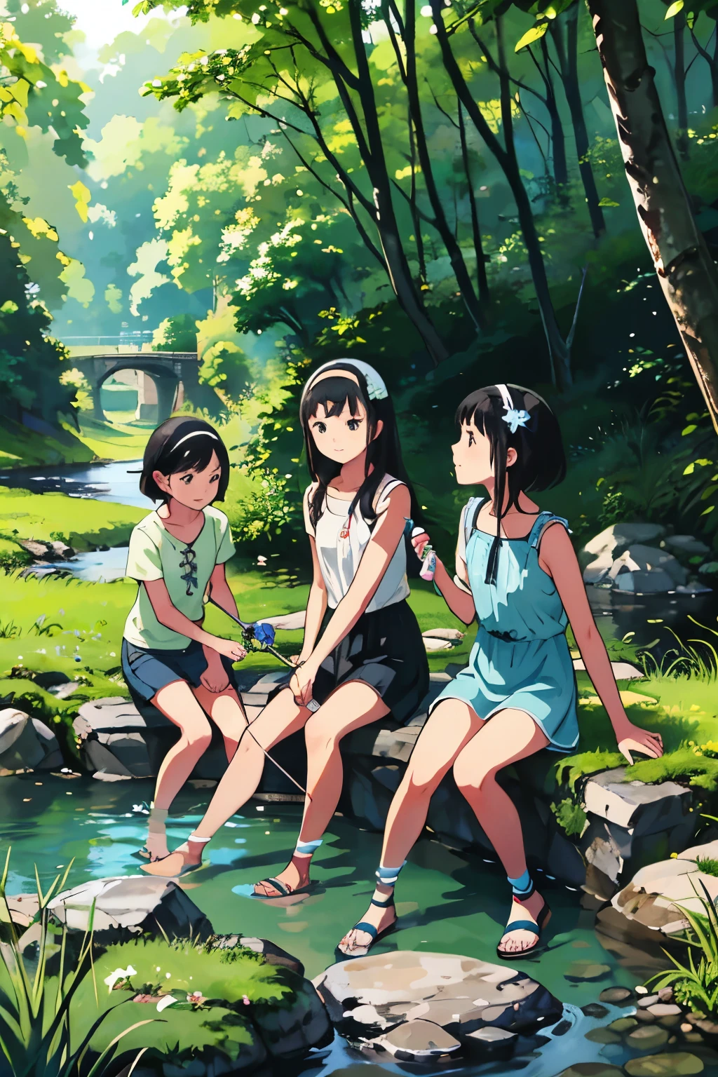 masterpiece, Highest quality,plural, Three Girls, In a beautiful river、With a fishing pole and a bucket、Water bottle, Sandals, Black Hair, short hair、Long Hair, Hair ties, hair band, hair ornaments, Shorts, skirt,, dappled daylight、Outdoor, I have straw, dress, stream, nature, rock, Grassland、Water Play,