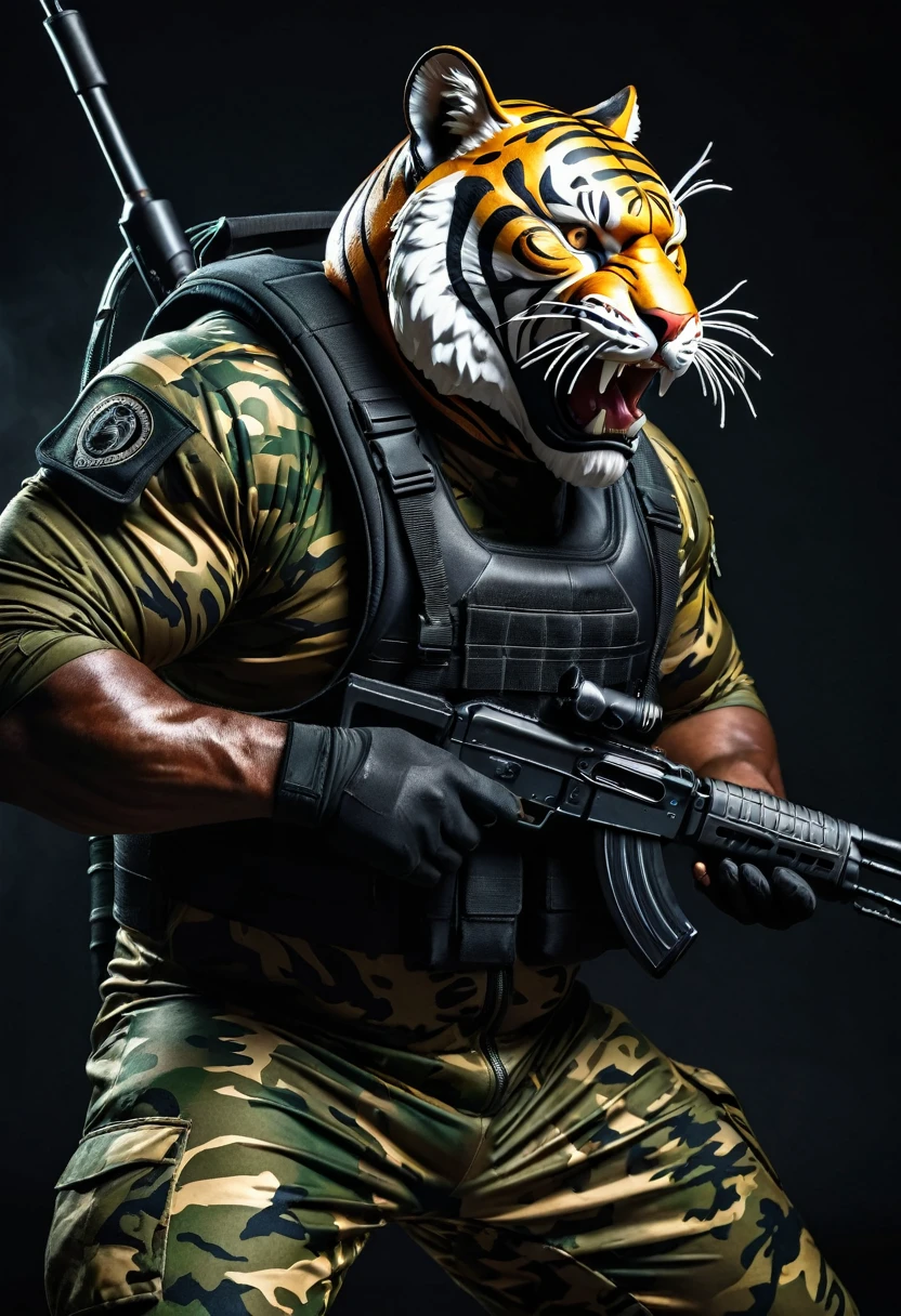 (a dark-skinned fat muscular old man in a skintight army camouflage zipper diver suit) carrying an AK-47, (wearing a small-sized realistic roaring tiger mask), dynamic action pose, fierce expression, showcasing an imposing stature, surrounded by military elements, dramatic shadows and intense highlights, cinematic color tones, high detail, powerful, art influenced by Bruce Onobrakpeya and Stanley Artgerm, ultra-detailed, best quality image, action-packed atmosphere. 