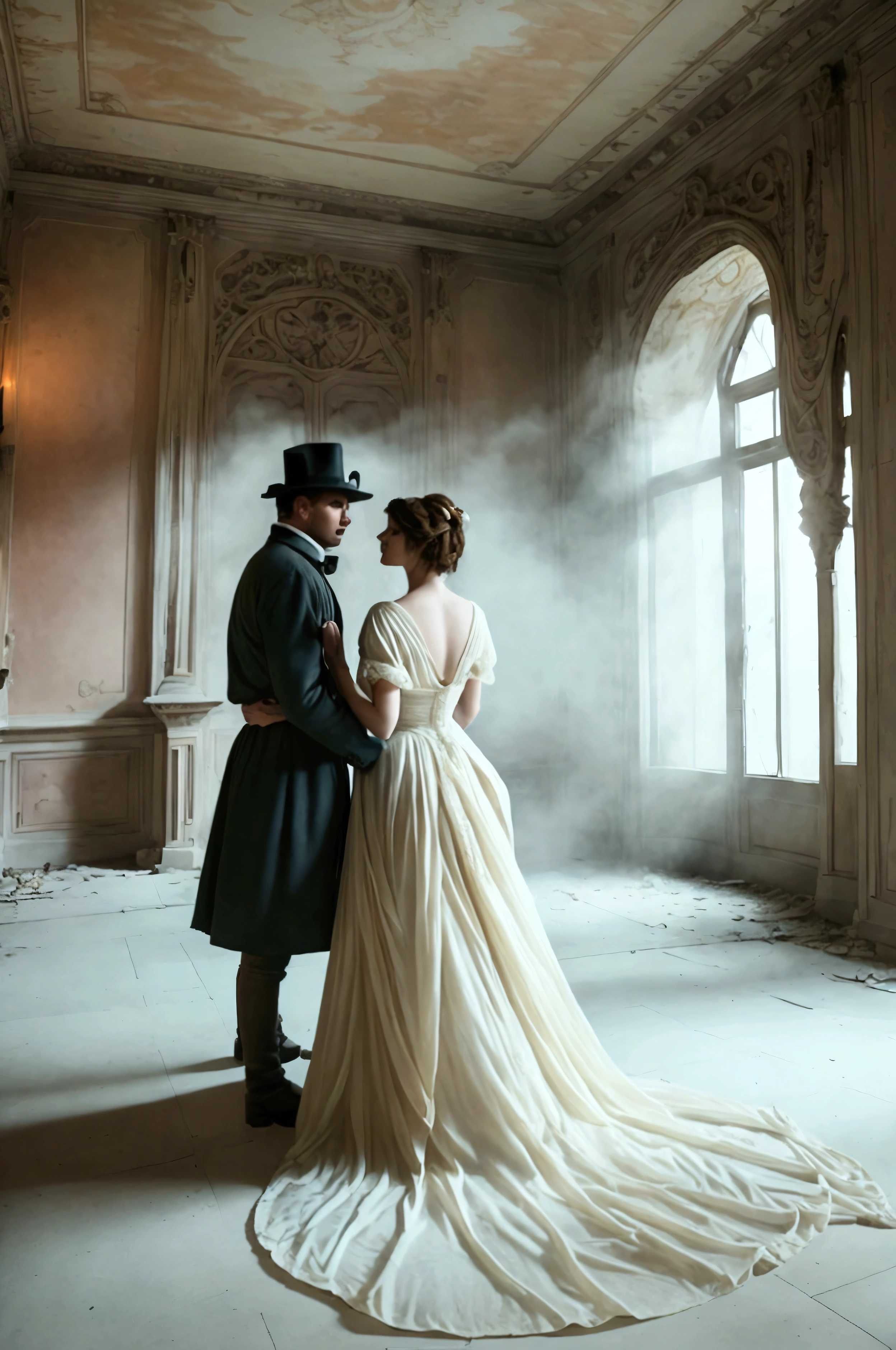 n an old, abandoned mansion, a man encounters the ghost of a woman dressed in a homemade Victorian-style gown. Her translucent dress flows like mist, and her presence is both haunting and alluring. As they connect across time, the room seems to shift, revealing glimpses of a forgotten past filled with passion.

