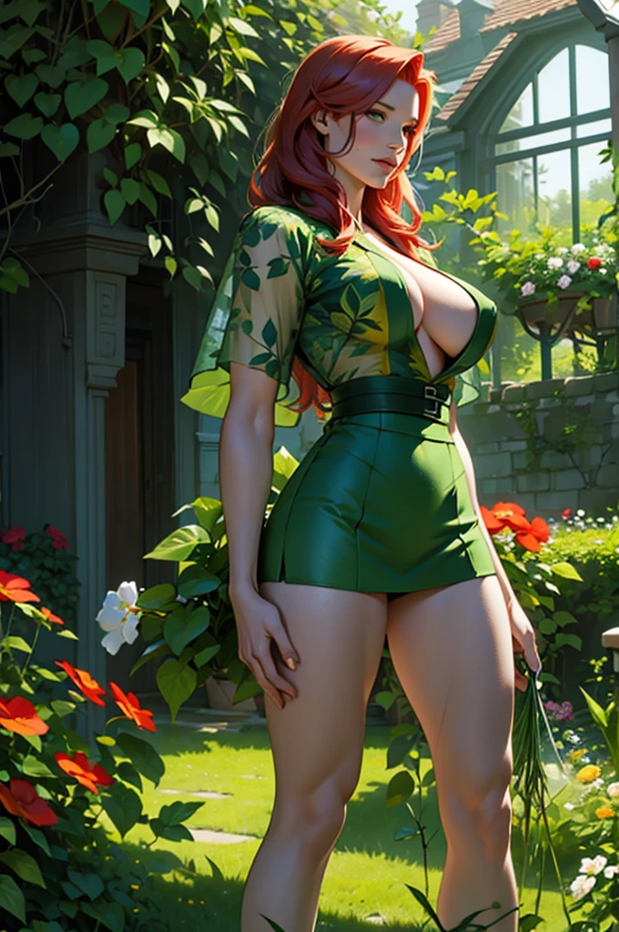 Poison Ivy is gardening, huge breast, slutty girl with green jeans. Flowers on skin. Transparent clothes. Jessica chastain, long legs. Masterpiece