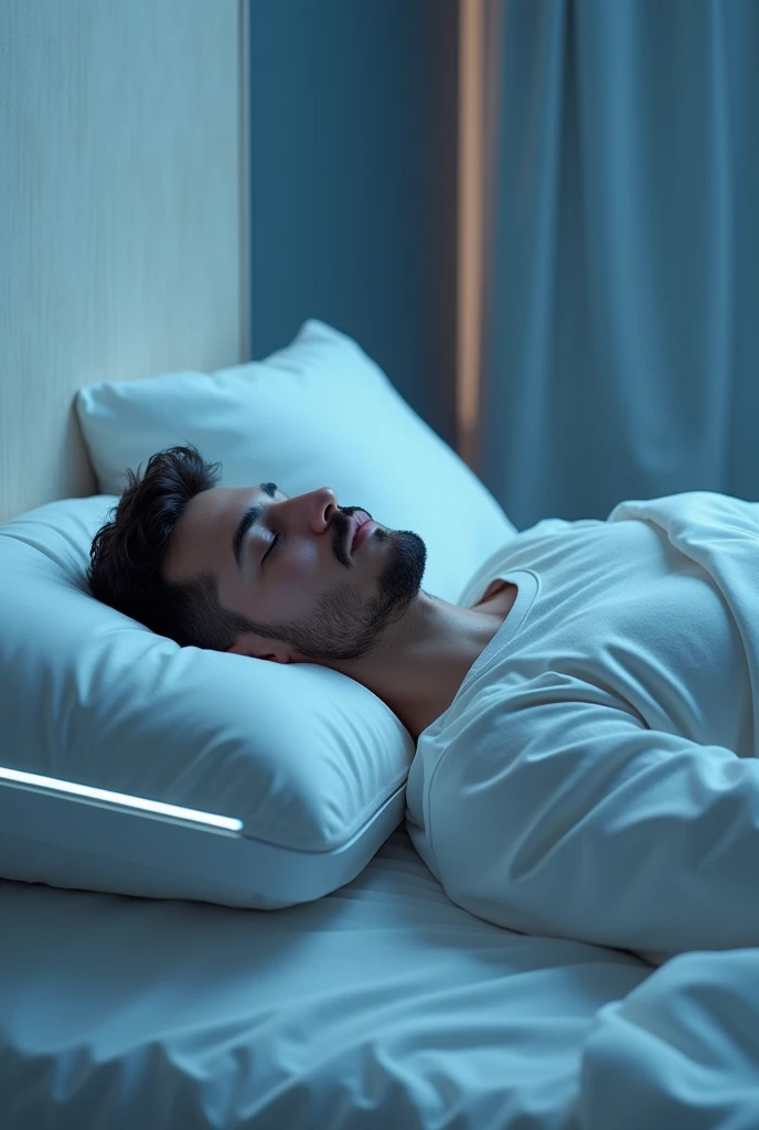 A sleeping man using futuristic pillow who record the dreams, show only pillow not machine