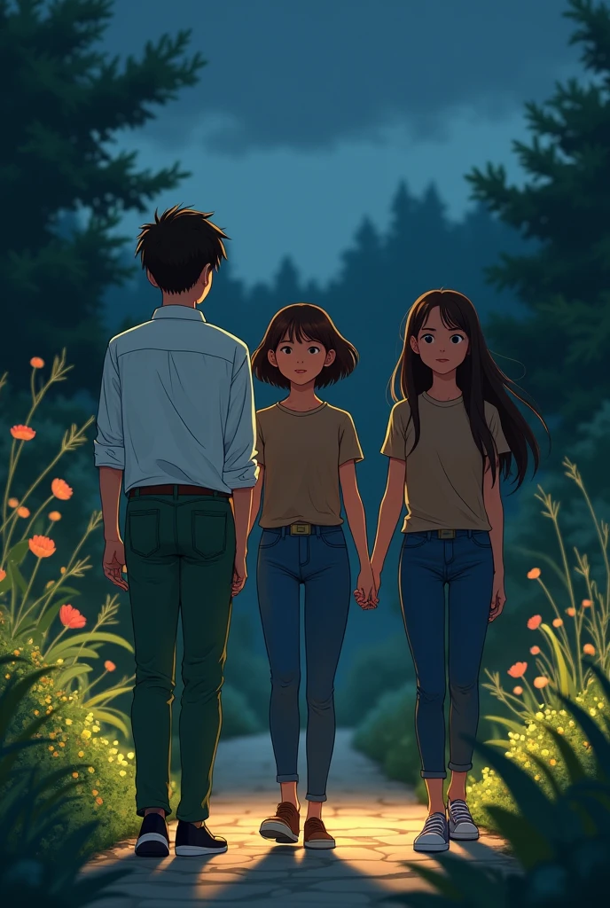 2 girls and 1 boy are walking in the garden at night and the sky is cloudy, the boy is wearing green trousers and a white shirt with lining, and the girl is wearing a brown top and jeans
