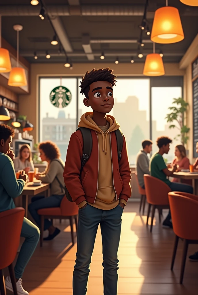 Light skin r old male from uganda visits USA for the first time and is in starbucks