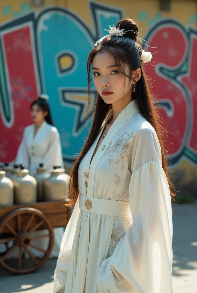 Creating a realistic image: Chinese woman in black poses for a photo in front of a graffiti wall., Lalisa Manoban แห่ง Blackpink, Lalisa Manoban, Roseanne Park of blackpink, Stop four *, with bangs, ( ( Stop four # ) ), Stop four, cl, Dressed in white in ancient Chinese Tang Dynasty style, walking along the street pushing a wooden cart loaded with jars and liquor.