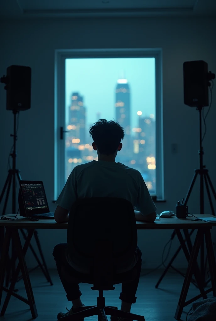  boy sitting in a youtube studio all alone  , creating a youtube video Looking forward to the camera as he speaks dark studio. And there is a window  outside.The window is a city