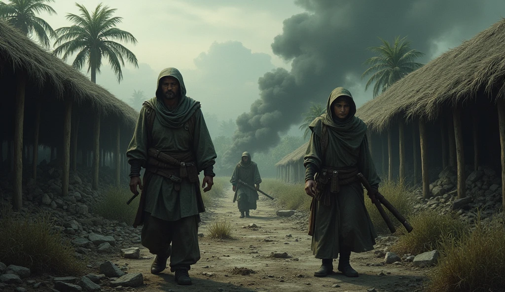 Image Prompt: A dark, ominous scene of the settlement in disarray, with broken shelters, dying crops, and settlers looking desperate and fearful.