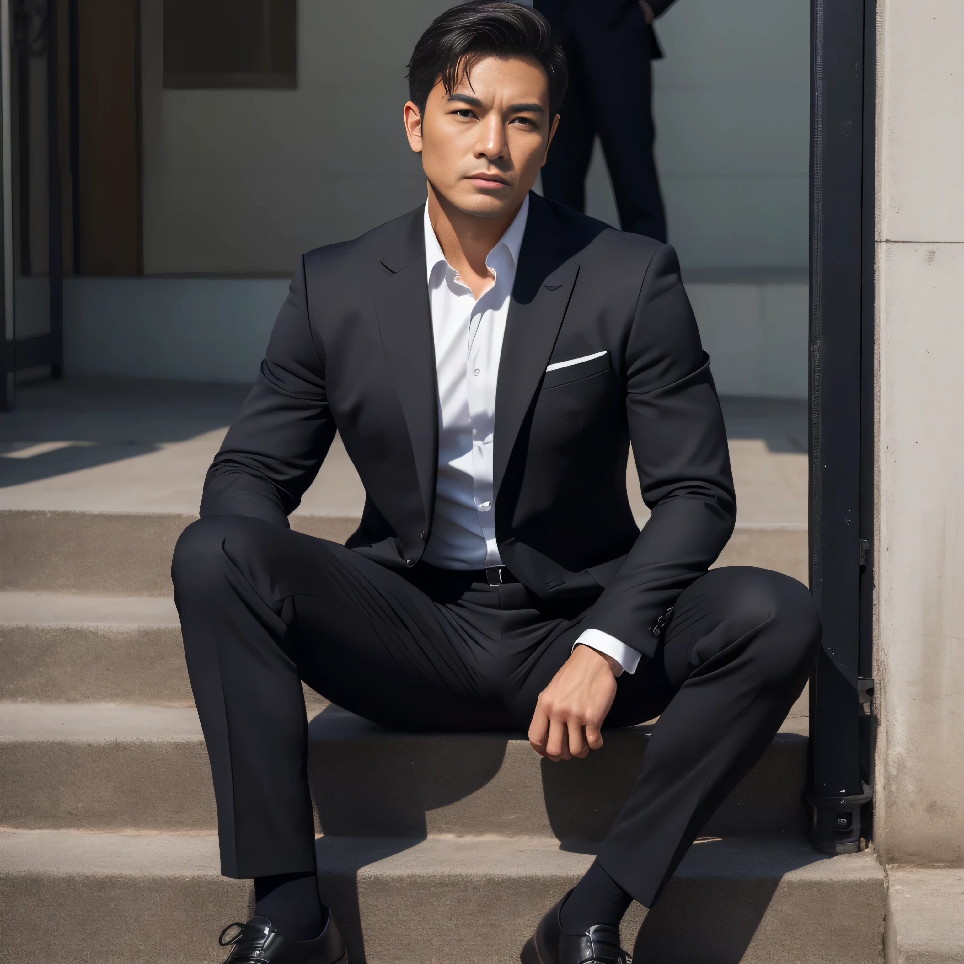 50 years old,One Man,Black Suit,mafia、Sit on the wall with your legs apart、erection、The crotch area is bulging、Lookout、gun、Dark-skinned Asian man with narrow eyes、,muscle,Gay ,Very short hair、,Stubble、Stubble,Asian man's face,Hermes Belt。Black socks、Seen from below