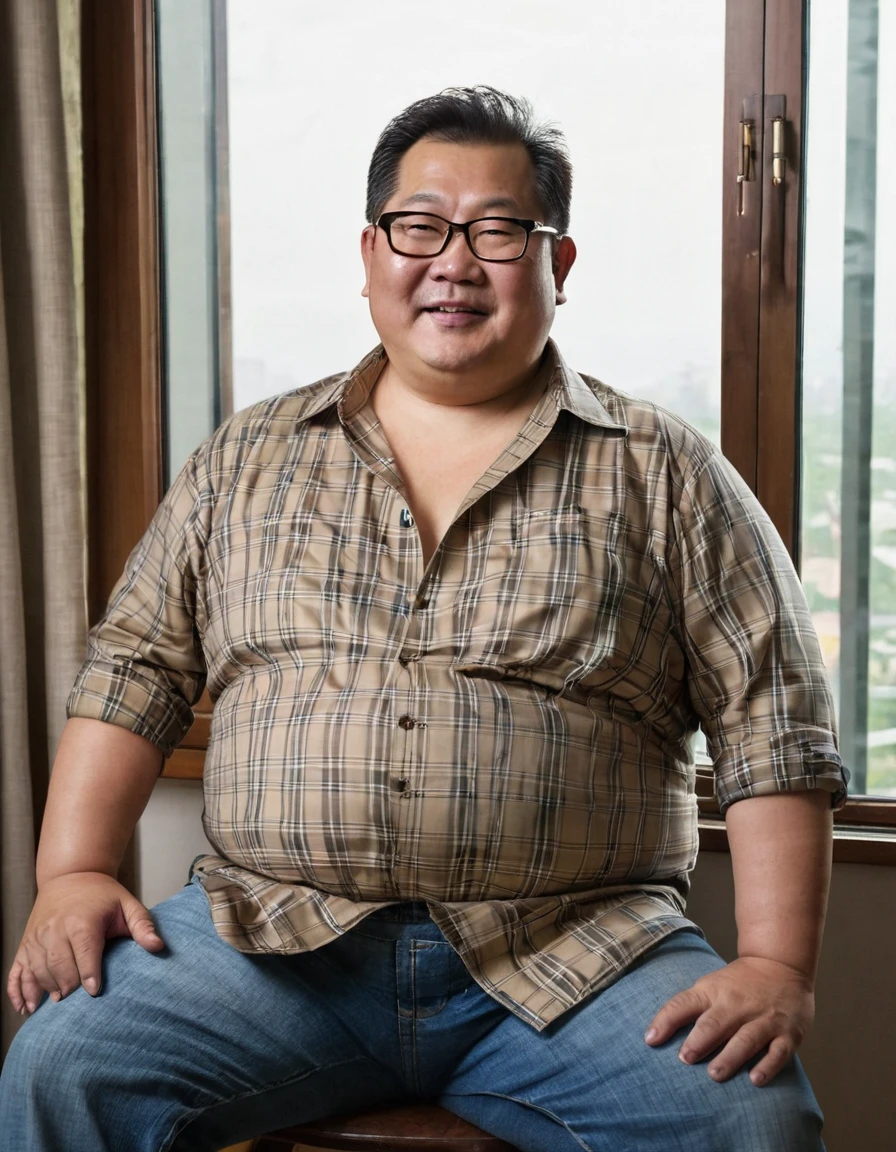 Man, Asian, 50 years old, Fat, Chubby, wearing glasses, wearing an unbuttoned shirt, thin white t-shirt, Sitting, sand beach, Wet, Raining, sharp image, beautiful lighting.