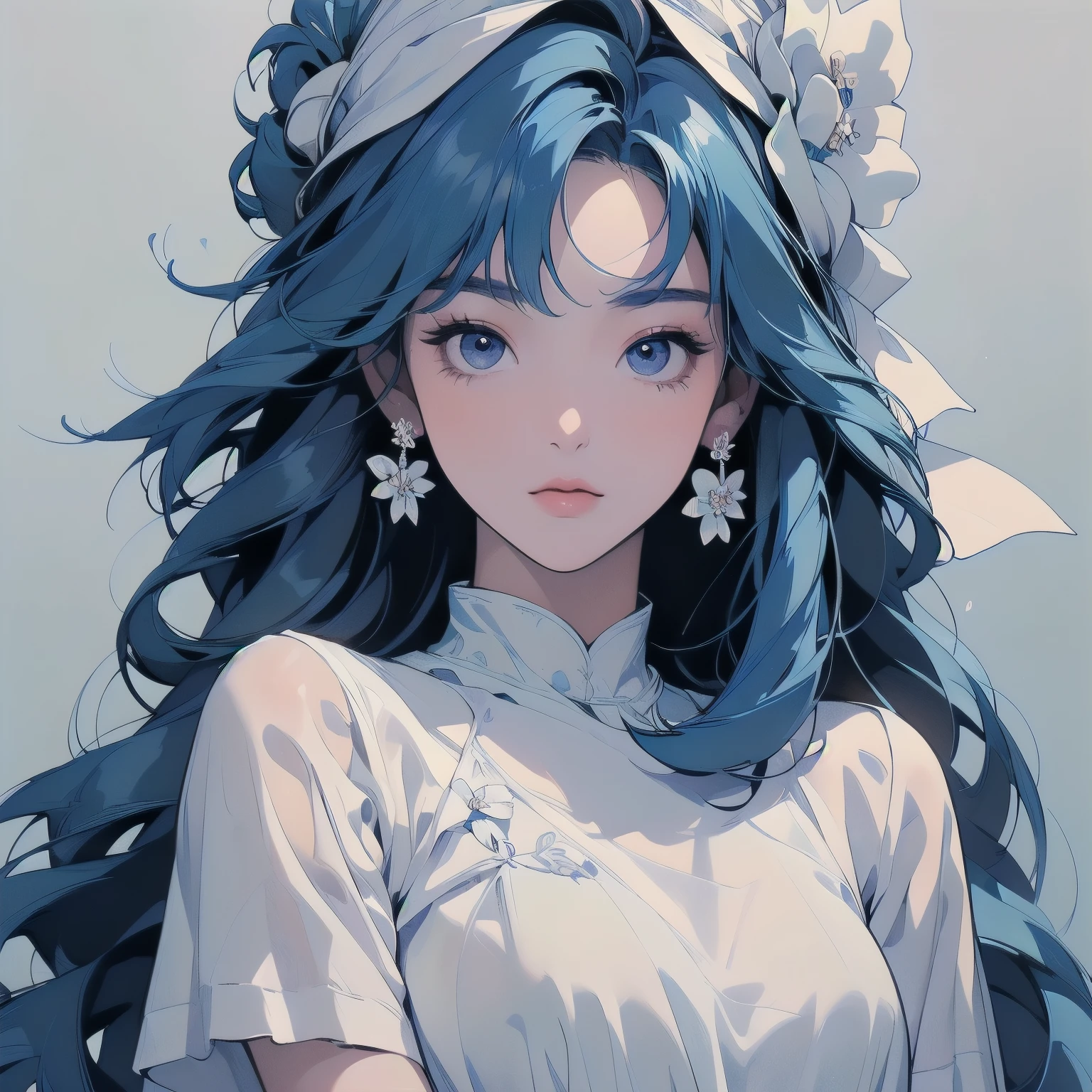 (((masterpiece, Highest quality)))、(((32K Wallpapers)))、Beautiful woman, Upper Body、Model pose、mysterious、Small breasts、Short sleeve、(((Blue Hair))),Lots of flowers、Angel、(((Wear a white cloth on your head)))、Detailed Hair, (((White flower)))、Fluffy fabric、Big white ribbon