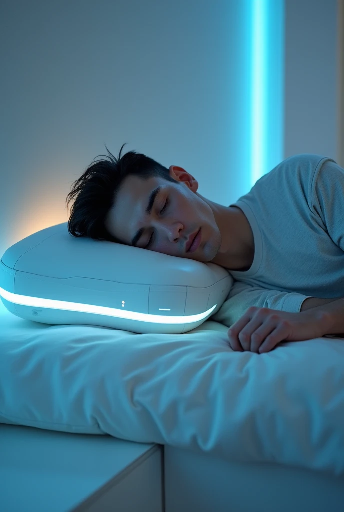 A sleeping man using futuristic pillow who record the dreams, show only pillow not machine