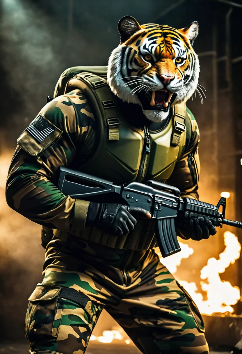 (a dark-skinned fat muscular old man in a skintight army camouflage zipper diver suit) carrying an AK-47, (wearing a small-sized realistic roaring tiger mask), dynamic action pose, fierce expression, showcasing an imposing stature, surrounded by military elements, dramatic shadows and intense highlights, cinematic color tones, high detail, powerful, art influenced by Bruce Onobrakpeya and Stanley Artgerm, ultra-detailed, best quality image, action-packed atmosphere. 