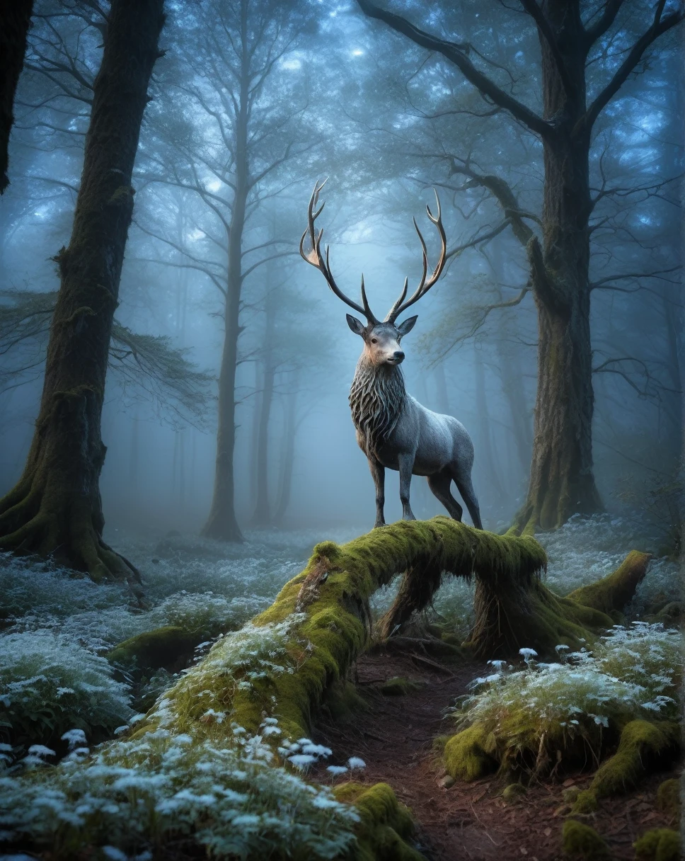 A luminarial horndia gracefully walking in the foreground, soft glowing mist at her feet, small flowers blooming with each step, ground covered in soft moss, silent footsteps, her horn emitting a gentle rainbow-colored light illuminating the surrounding plants and trees, a frostwing whisper flying quietly in the midground, its transparent wings sparkling like ice crystals, frost trailing in its wake, the creature blending into the mist, a grimstone entity standing by an ancient cracked tree in the background, faint light seeping from the tree's deep crevices, the forest bathed in pale moonlight, faint stars twinkling in the night sky, cold air, subtle mist, cool blues with warm rainbow highlights -- night time, fantasy, ethereal, serene, detailed.