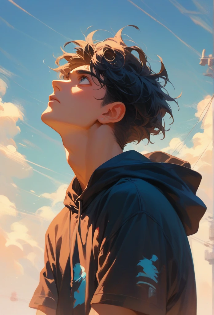 man around 20 years old、Black Hair、back、With arms wide open、Looking up at the sky，hoodie、I can&#39;t see your face、Night Sky、Being on the roof of a building、

