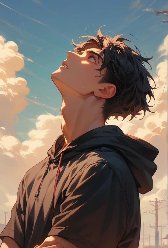 man around 20 years old、Black Hair、back、With arms wide open、Looking up at the sky,hoodie、I can't see your face、Night Sky、Being on the roof of a building、