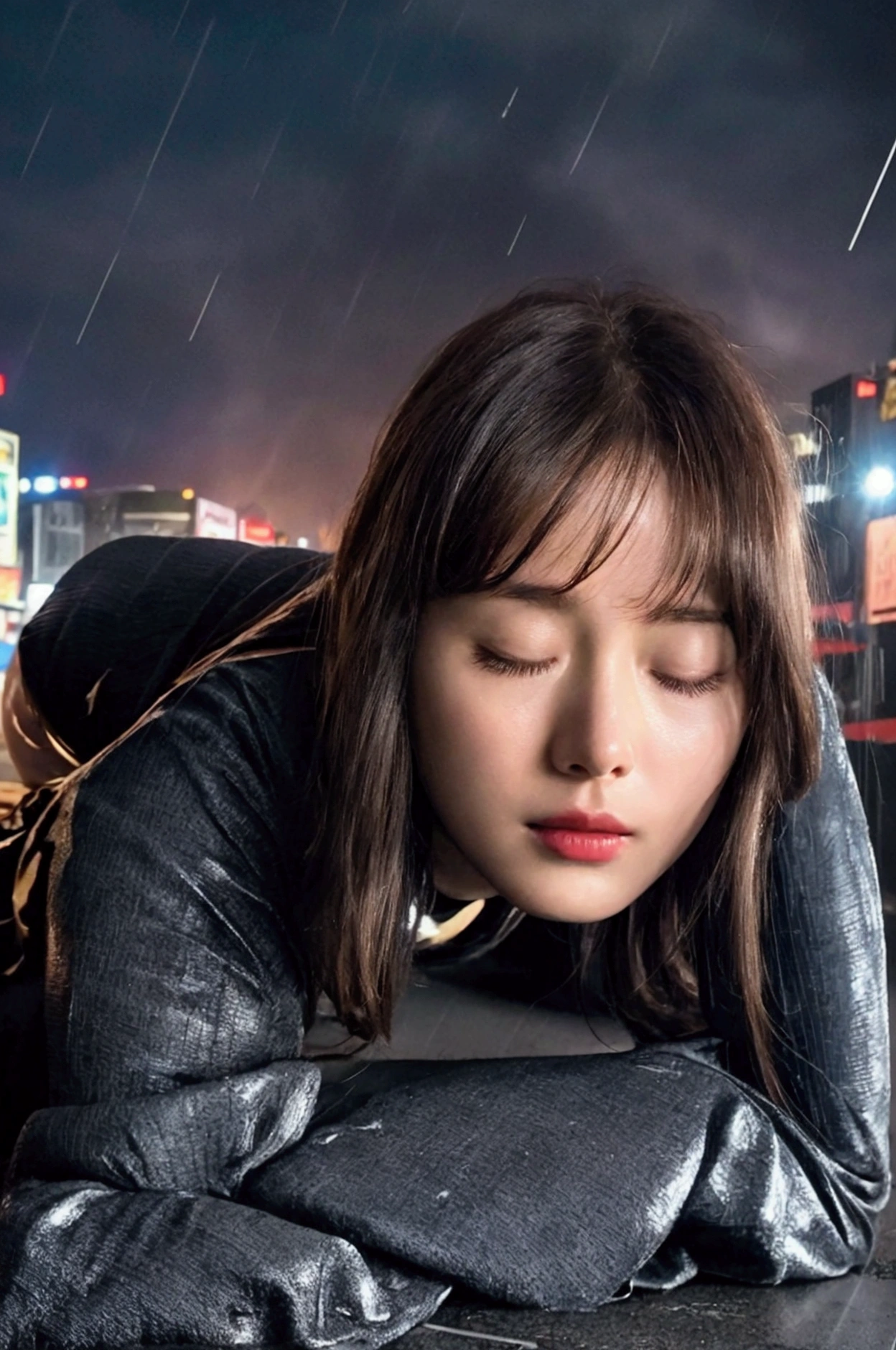Supergirl, Movie Posters, Movie title: "Death of Supergirl", He is lying face-up on the ground after being defeated in a battle with a formidable opponent. (Falling backwards), Feeling exhausted, Tragic Tone, Decorated in dark and gloomy colors , Supergirl has her eyes closed, Supergirl is wet, rain, Destroyed city, Against the backdrop of darkness , Cinema Lighting,