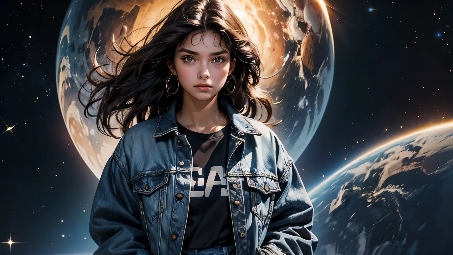 A beautiful woman. Dark brown hair. Twenty years old. She is looking at the camera with a serious expression. She wears blue jeans with her jacket. An image of four-dimensional space-time from the space behind the woman.
