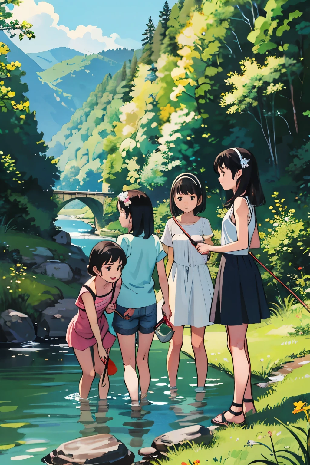 masterpiece, Highest quality,Multiple Girls, Three Girls, fruits, food, watermelon, water, Sandals, Have, Black Hair, Hair ties, Shorts, skirt, river, short hair, dappled sunlight, hair band, smile, Outdoor, straw Have, hair ornaments, dress, stream, Open your mouth, nature, rock, water遊び, sunlight, Long Hair, Twin tails, water玉模様
