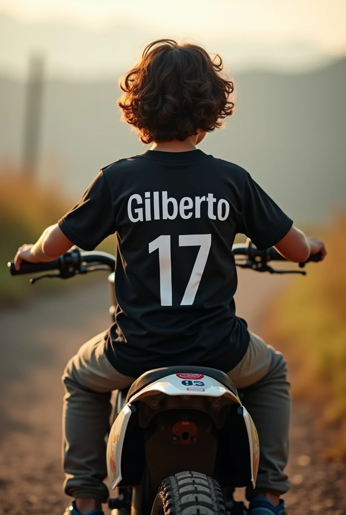 High quality photography, of an 18-year-old boy with his back to the side has an enduro motorcycle , He is sitting in a tree watching the afternoon. He has a black shirt on., On his back he has the name Gilberto and below the number 17. He has a little long hair., colocho