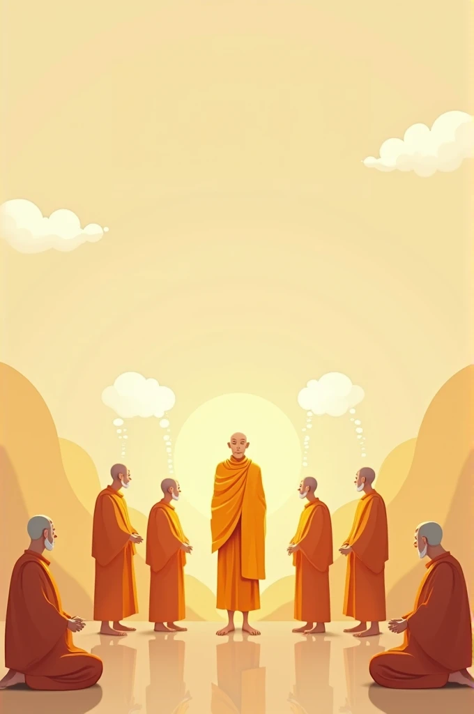 Here's a shorter prompt for the image:

"Minimalist Buddhist-inspired illustration: central golden Ariya figure, elderly parents, and monks in saffron robes. Peaceful backdrop with thought bubbles. Warm colors, emphasizing reverence and mindfulness. Modern style with traditional elements."

This condensed version captures the essential elements while keeping the prompt concise.