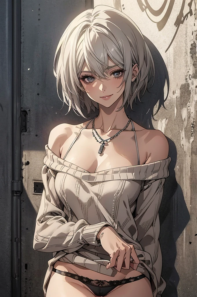 Highest quality, High resolution, Very detailed), Realistic, Very beautiful 8K, CG wallpaper, Silver Hair, Super short hair, off shoulder sweater, lace thong, Large Breasts, Perfect Makeup, necklace, 24th generation, Beautiful woman, mature, quiet, Calm, A small smile, street