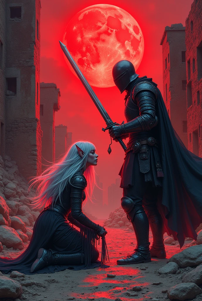 (super detailed faces, averted eyes, fantasy illustrations with gothic, ukiyoe, and comic art, rich colors), BREAK (this is a "city of ashes" in ruins. It was once a medieval European-style fortified city. Red moonlight illuminates the ruined earth); BREAK (Dark Elf: middle-aged Dark Elf woman with silver hair, blunt bangs, very long messy hair, dark purple skin, and lavender eyes); BREAK (Dark Elf female warrior wearing blue jeweled hair ornament and copper armor); BREAK ( ArmoredSoldier: medieval European style black helmet, black armor, black cloak, carrying a red-hot greatsword), BREAK (female dark elf warrior on left and dark knight on right facing each other in red moonlight in a fierce sword fight.) BREAK (female dark elf warrior holds slender long sword at an angle, knees on the ground, roars and swings the sword sideways), BREAK (male knight, black helmet and armor, clad in a terrifying red aura, turns and swings his great sword down on the female dark elf from above:1.3)