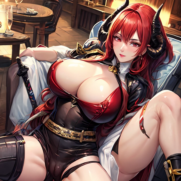 Very beautiful mature milf demon with red hair and red eyes,Horns,tail and richly dressed with a sword and large breasts