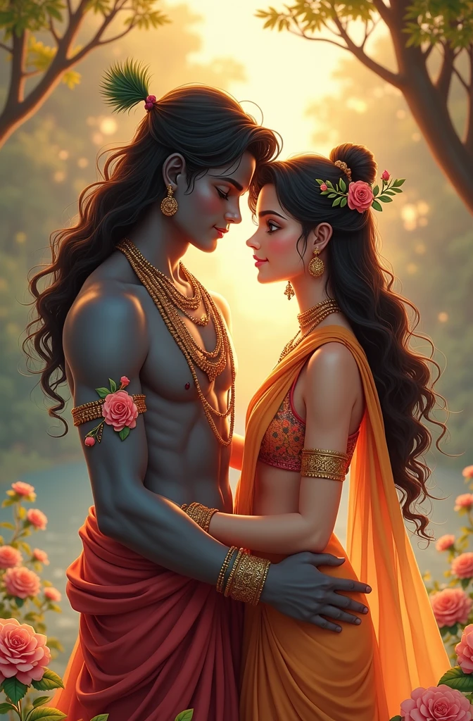 Anime couple, krishna with normal skin and radha