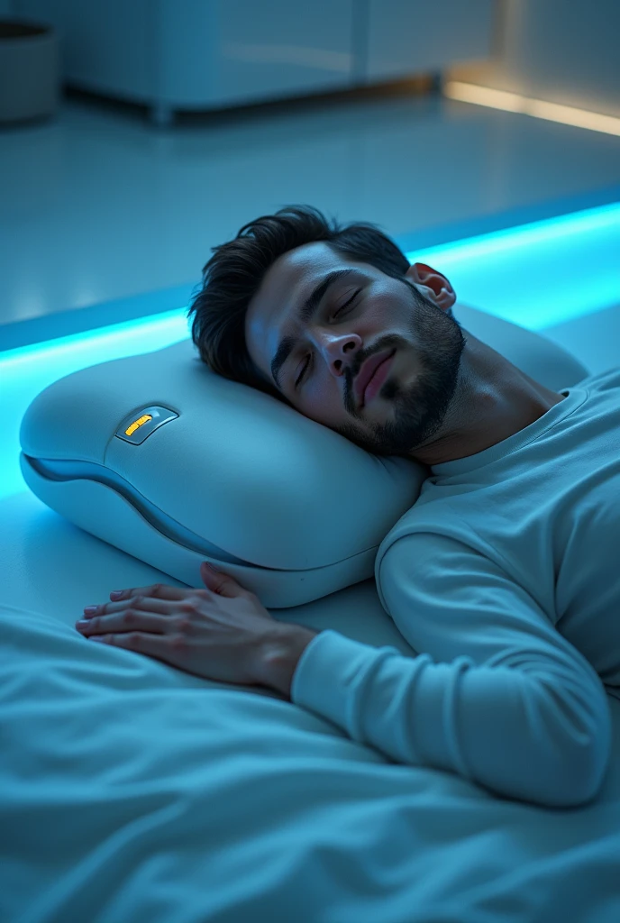 A sleeping man using futuristic pillow who record the dreams, show only pillow not machine