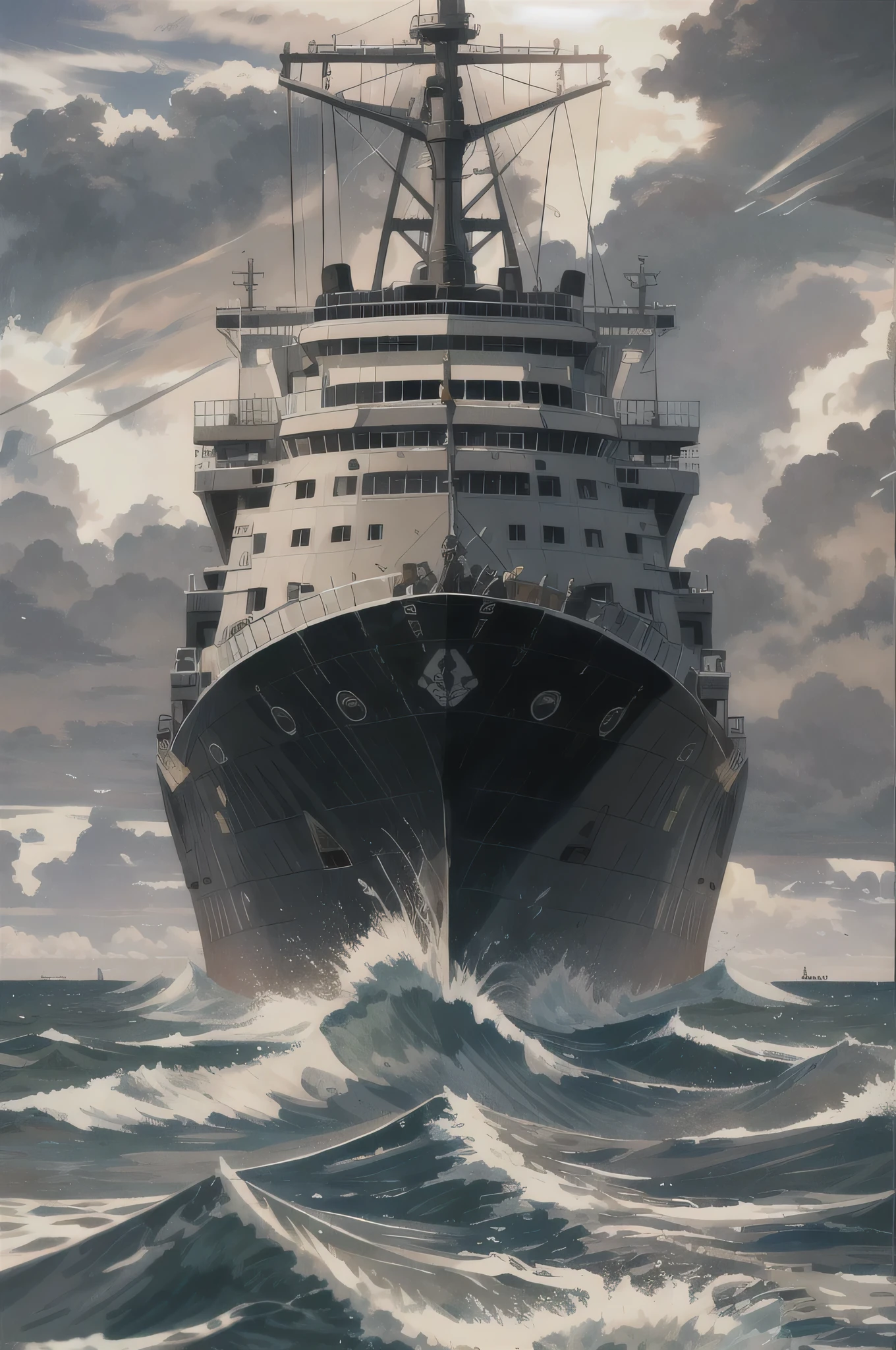 Ultra-realistic, masterpiece profile shot of a cargo ship battling the tumultuous sea. A commanding presence against the vast expanse of water, every detail meticulously captured in high definition. The ship's intricate features, from the stacked containers on deck to the Lifeboats and anchors, stand out against the raw power of the waves. The hull of the ship, battered by the relentless onslaught, is etched with a complex interplay of light and shadow. Salt spray (1.0) coats the deck and funnel, adding a gritty texture to the image. The sun beats down, casting long, dramatic shadows (1.3) on