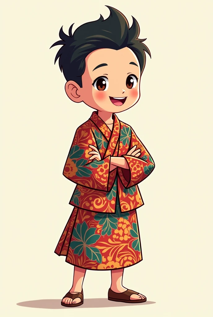 Make me a character that symbolizes tolerance and democracy, with a character that wears batik clothes like Indonesian batik and Make this character like anime Without background