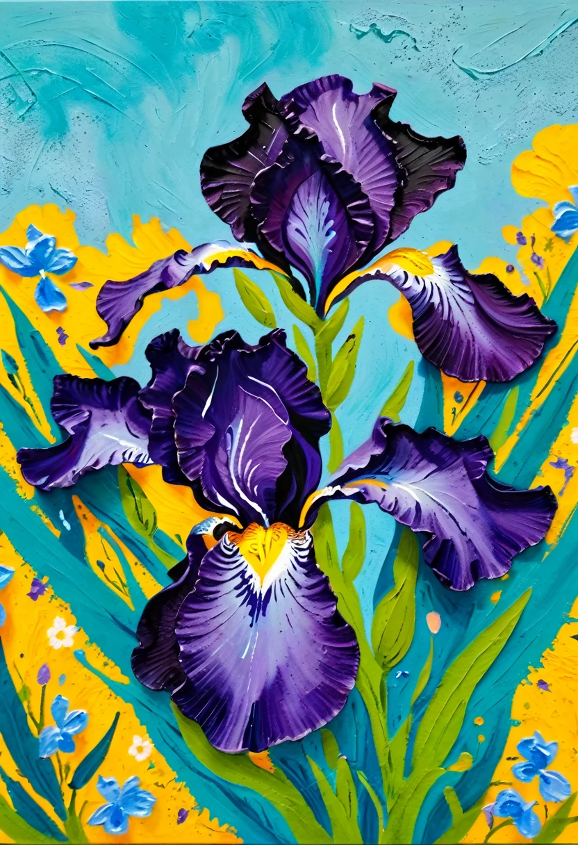 A painting：(((Colorful black，Chalk painting，Oil stick painting，flight，Thick coating，Uneven texture，Plaster texture，Graffiti)))。iris