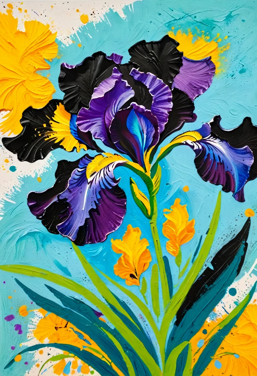 A painting:(((Colorful black,Chalk painting,Oil stick painting,flight,Thick coating,Uneven texture,Plaster texture,Graffiti)))。iris