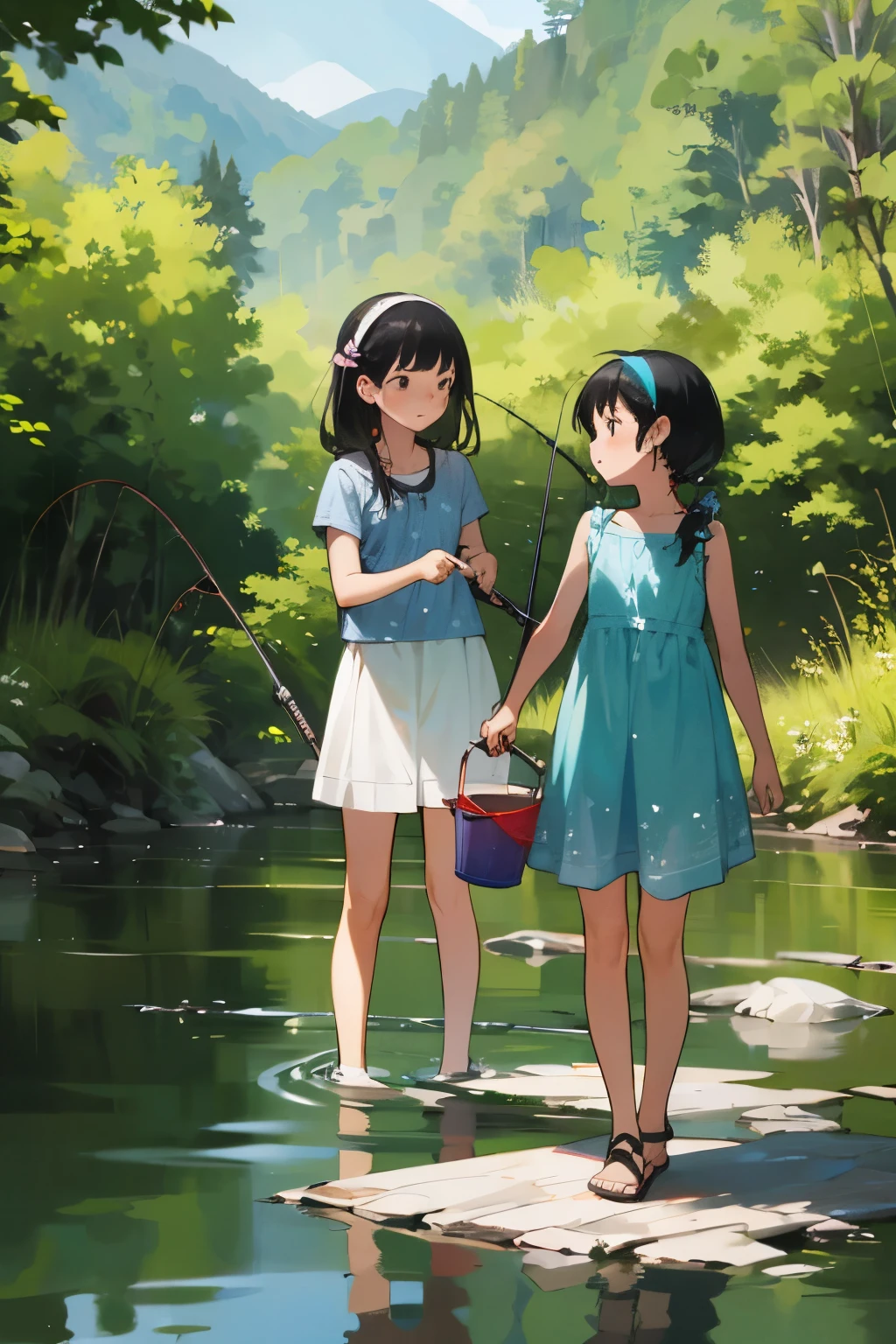 masterpiece, Highest quality,plural, Three Girls, In a beautiful river、Fish hanging、(With a fishing pole and a bucket:1.2)、Water Play、Sandals, Black Hair, short hair、Long Hair, Hair ties, hair band, hair ornaments, Shorts, skirt,, dappled daylight、Outdoor, I have straw, dress, stream, nature, rock, Grassland、