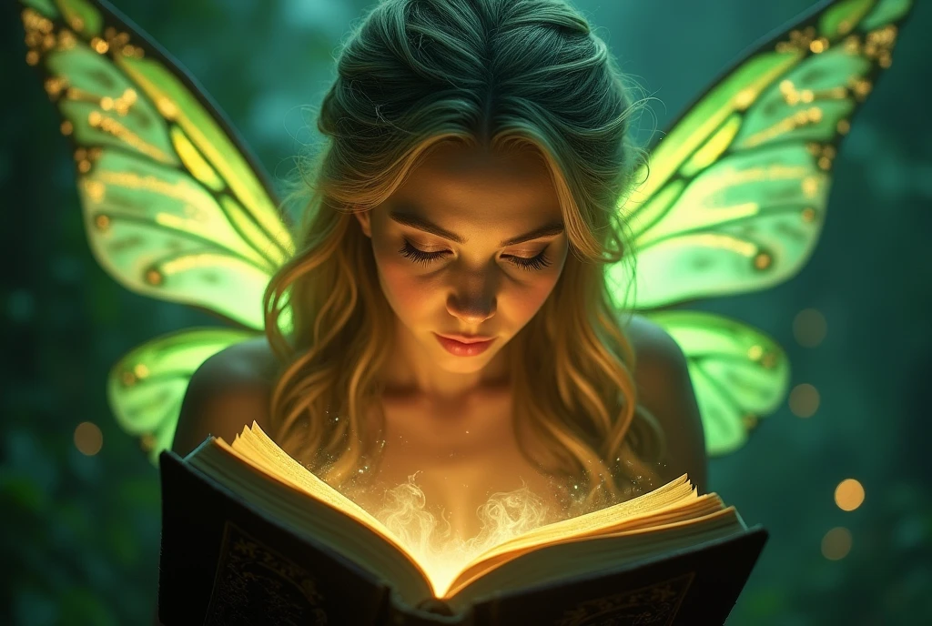 A beautiful fairy with glowing wings reads an ancient book of magic and spells. She has detailed facial features and there is a glowing green light in the background with cinematic lighting, fairycore, hkmagic, masterpiece, best quality, highly detailed, sharp focus, dynamic lighting