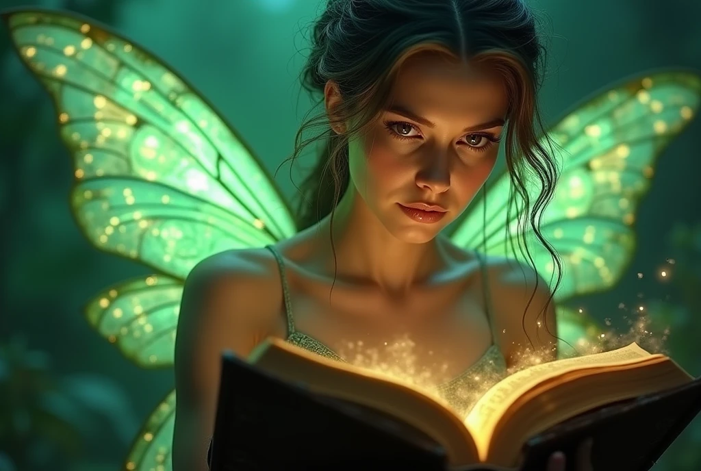 A beautiful fairy with glowing wings reads an ancient book of magic and spells. She has detailed facial features and there is a glowing green light in the background with cinematic lighting, fairycore, hkmagic, masterpiece, best quality, highly detailed, sharp focus, dynamic lighting