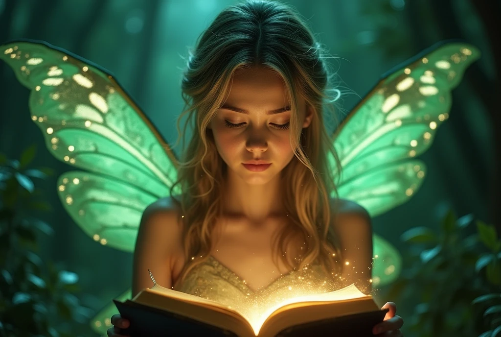 A beautiful fairy with glowing wings reads an ancient book of magic and spells. She has detailed facial features and there is a glowing green light in the background with cinematic lighting, fairycore, hkmagic, masterpiece, best quality, highly detailed, sharp focus, dynamic lighting