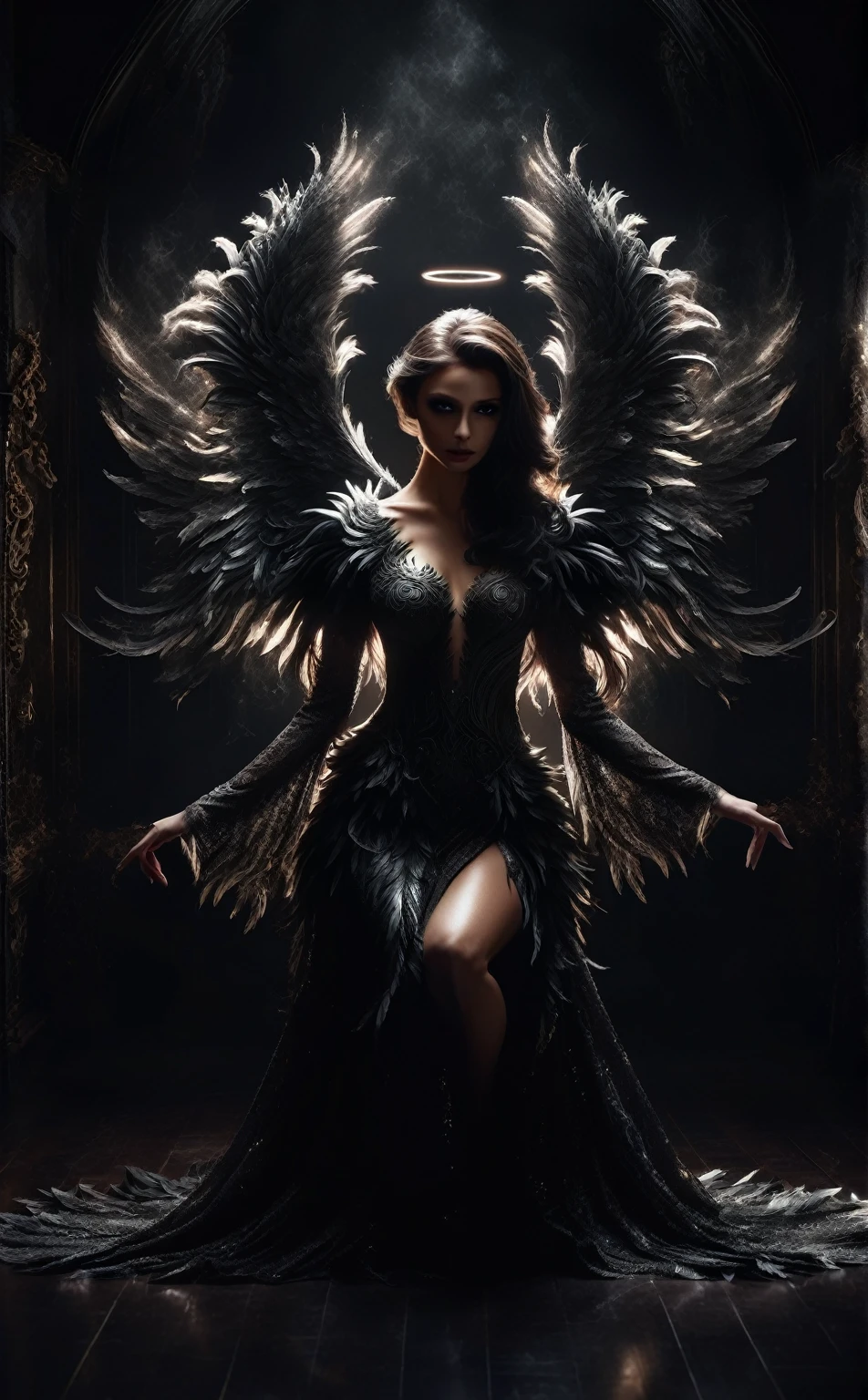 a woman in a black dress kneeling in a dark room with angel wings, dark angel, angel with black wings, portrait of a beautiful angel, portrait of the death angel, portrait of the angel of death, beautiful female angel, full - body majestic angel, angel, villainess has black angel wings, the angel of death, angel of death, of beautiful angel