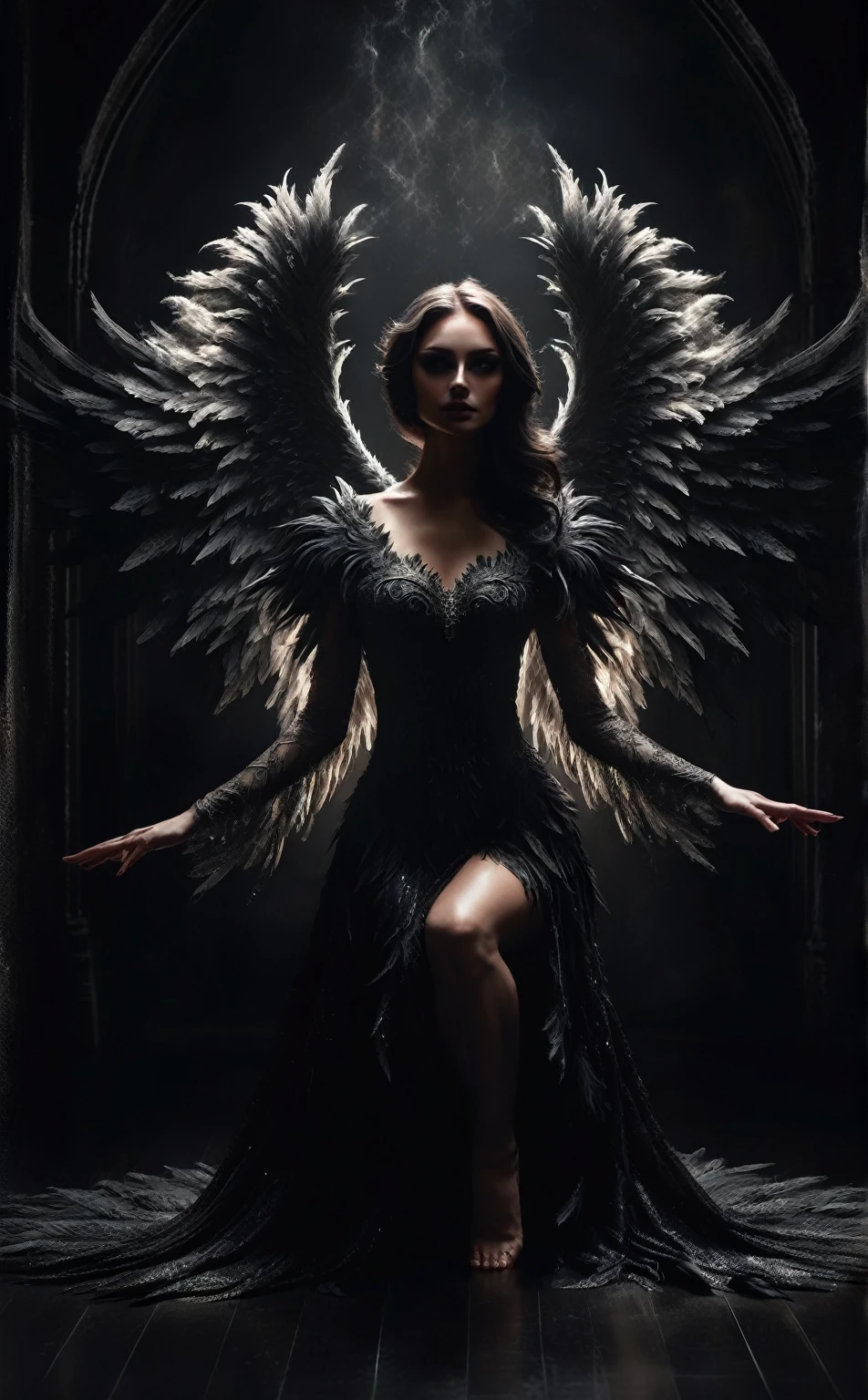 a woman in a black dress kneeling in a dark room with angel wings, dark angel, angel with black wings, portrait of a beautiful angel, portrait of the death angel, portrait of the angel of death, beautiful female angel, full - body majestic angel, angel, villainess has black angel wings, the angel of death, angel of death, of beautiful angel