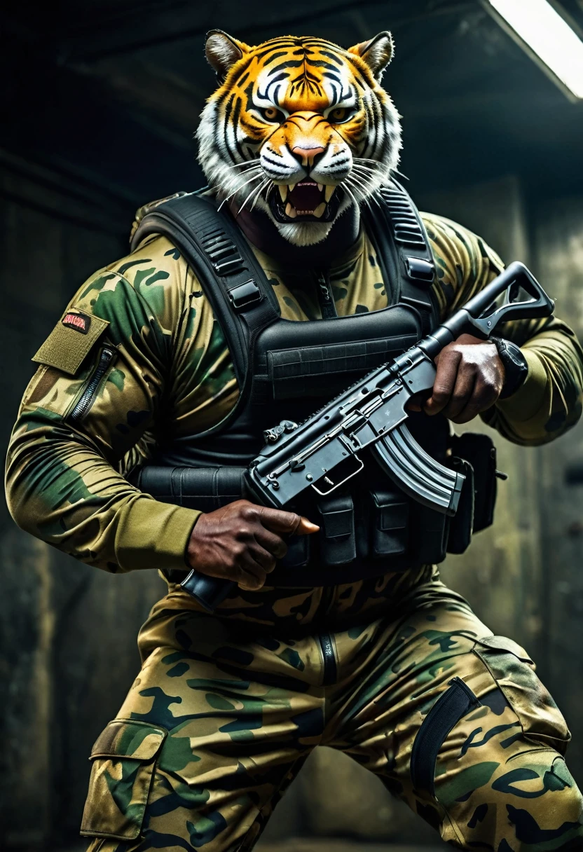 (a dark-skinned fat muscular old man in a skintight army camouflage zipper diver suit) carrying an AK-47, (wearing a small-sized realistic roaring tiger mask), dynamic action pose, fierce expression, showcasing an imposing stature, surrounded by military elements, dramatic shadows and intense highlights, cinematic color tones, high detail, powerful, art influenced by Bruce Onobrakpeya and Stanley Artgerm, ultra-detailed, best quality image, action-packed atmosphere.