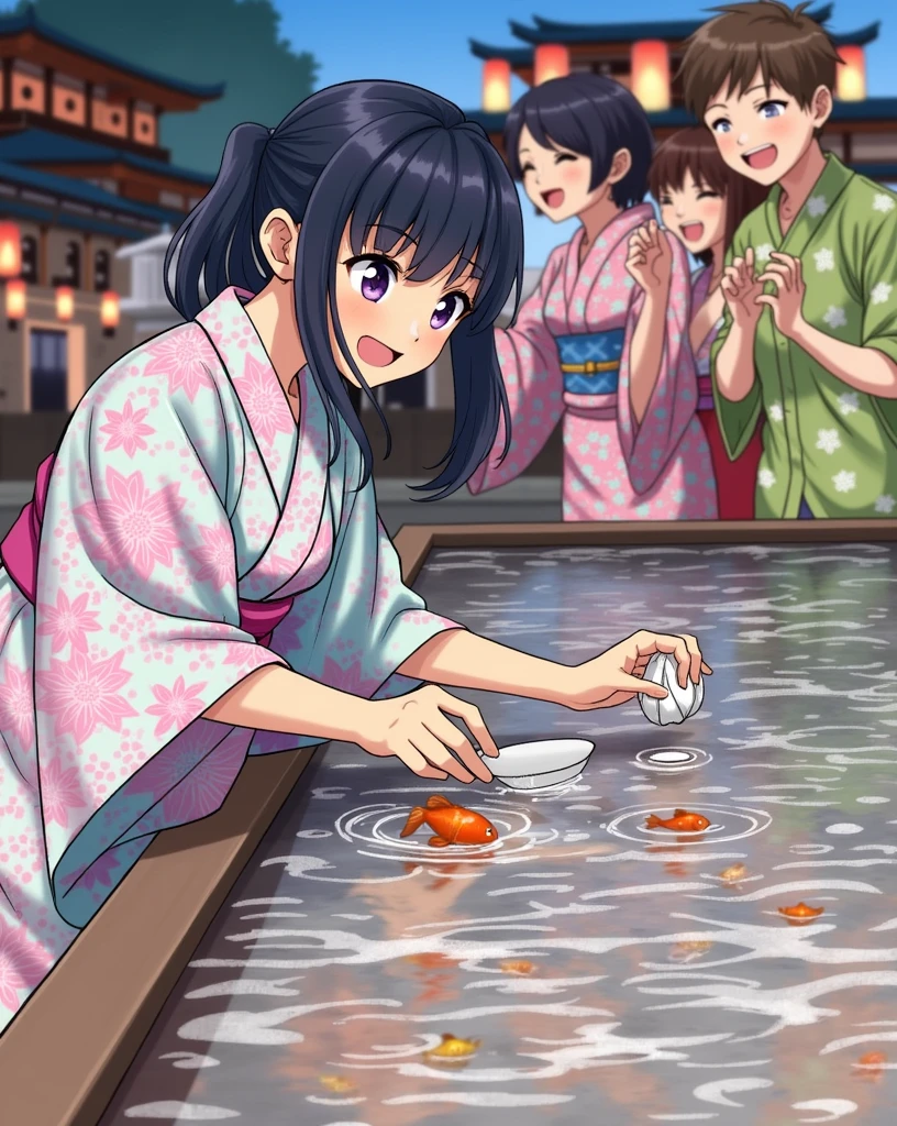 A joyful scene at a Japanese summer festival, with a young person dressed in a colorful yukata, leaning over a water-filled basin, trying to catch a goldfish with a delicate paper scoop. Lanterns illuminate the evening sky, and the air is filled with the sounds of laughter and traditional music. The bright colors of the yukata and the gentle ripples in the water create a vibrant and lively atmosphere.